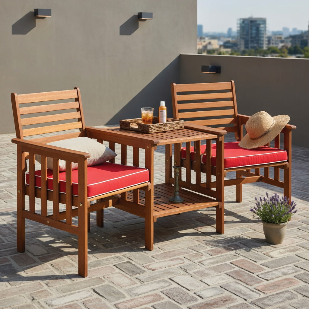 Hommoo 3-Piece Outdoor Patio Furniture Set, Acacia Wood Loveseat with 2 Cushions & Square Coffee Table, Red