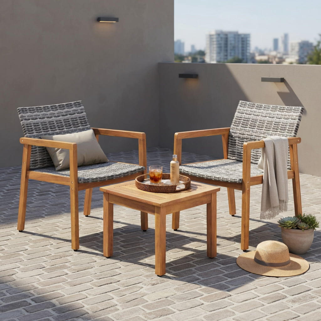 Hommoo 3-Piece Outdoor Patio Furniture Set, PE Rattan Chairs + Acacia Wood Coffee Table, Weather-Resistant, Ideal for Garden, Poolside & Courtyard, Gray & Natural