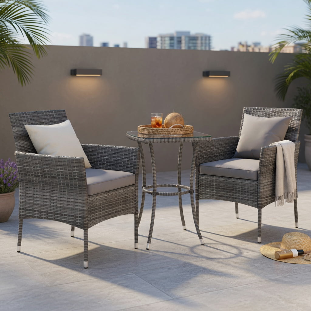 Hommoo 3-Piece Outdoor Patio Furniture Set, PE Rattan Chairs with Cushions & Tempered Glass Coffee Table for Backyard, Porch, Garden, Gray