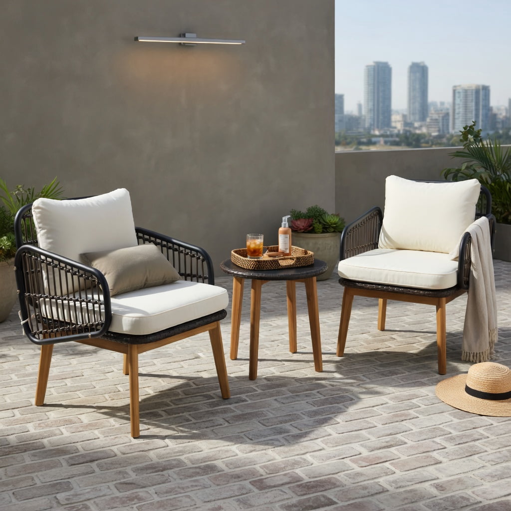 Hommoo 3-Piece Outdoor Patio Furniture Set, PE Rattan Chairs with Tempered Glass Side Table, Acacia Wood Frame, Weather-Resistant Cushions, Black