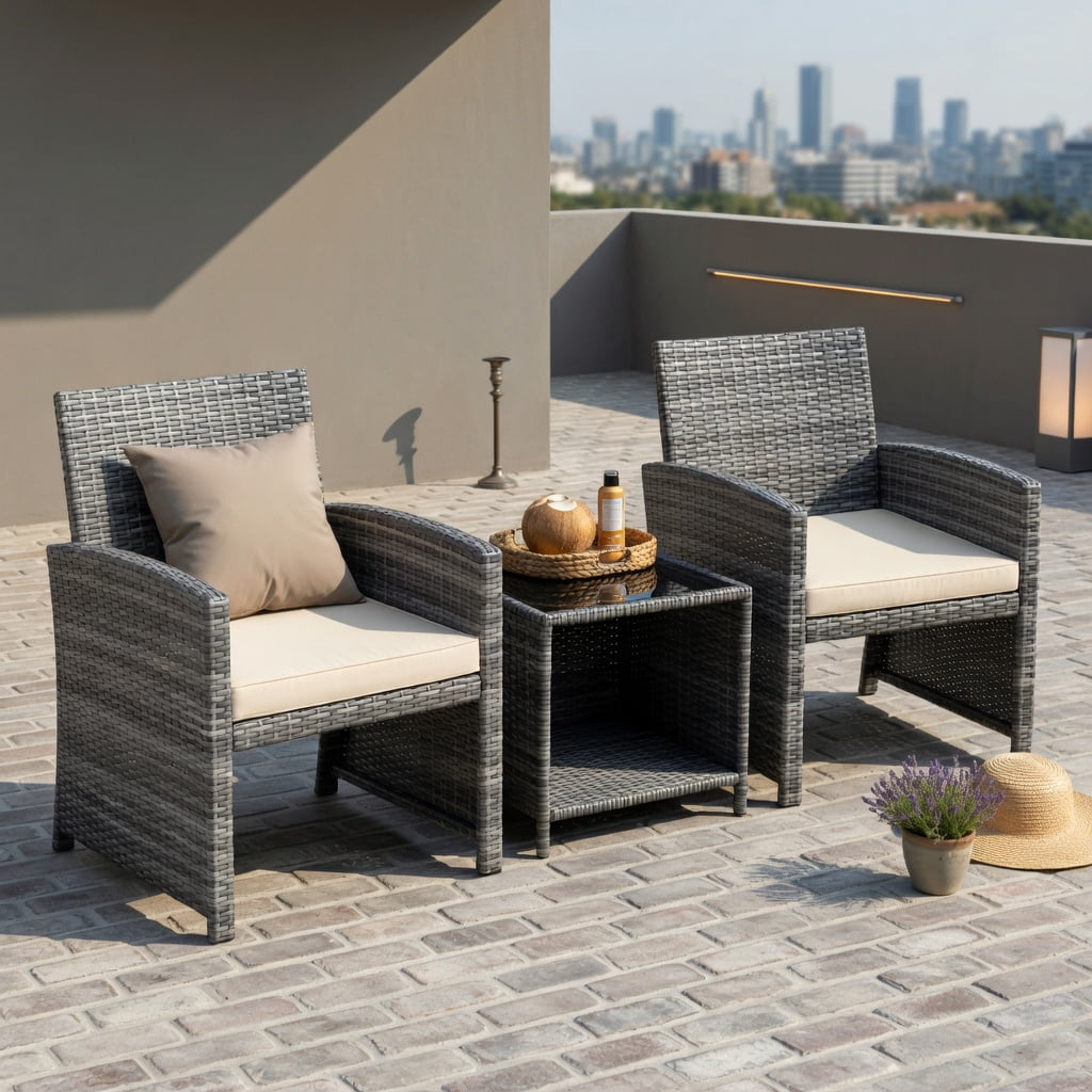 Hommoo 3-Piece Outdoor Patio Furniture Set, PE Rattan Sofa Chairs with Tempered Glass Coffee Table, Weather-Resistant Wicker for Porch, Poolside & Backyard, White