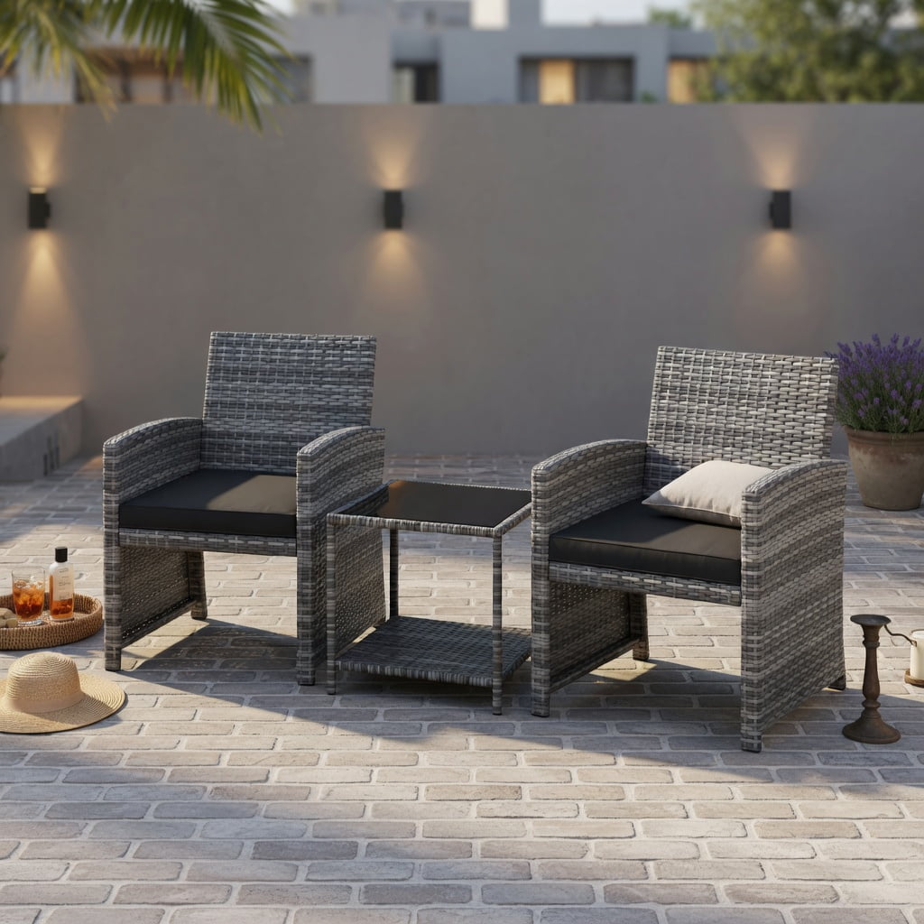 Hommoo 3-Piece Outdoor Patio Furniture Set, PE Rattan Sofa Set with Tempered Glass Coffee Table, Removable Cushions, Heavy-Duty Metal Frame, Black