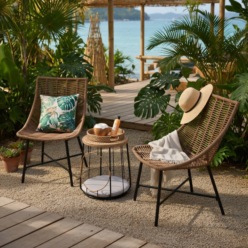 Hommoo 3-Piece Outdoor Patio Furniture Set with Built-in Pet House, PE Rattan Chairs & Coffee Table for Backyard, Balcony, Poolside, Brown