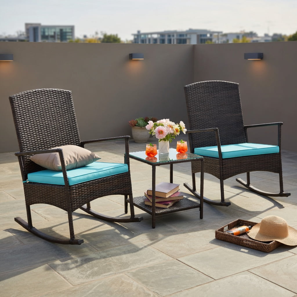 Hommoo 3-Piece Outdoor Patio Rocking Set, Wicker Rocking Chairs with 2-Tier Tempered Glass Coffee Table, Heavy-Duty Metal Frame, All-Weather PE Rattan, Turquoise