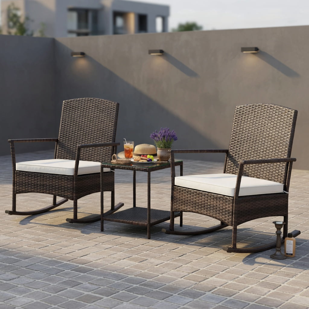 Hommoo 3-Piece Outdoor Patio Rocking Set, Wicker Rocking Chairs with Double-Tier Tempered Glass Coffee Table, PE Rattan, Includes Cushions & Easy Assembly, White