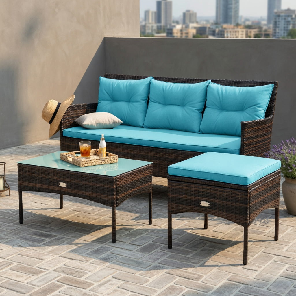 Hommoo 3-Piece Outdoor Patio Sectional Set, Woven Rattan Sofa, Ottoman & Glass Coffee Table with 5 Removable Cushions, Turquoise