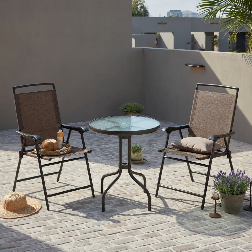 Hommoo 3-Piece Outdoor Patio Set, Round Tempered Glass Table & 2 Folding Chairs with Breathable Fabric Seats, Compact for Balcony & Small Spaces, Brown