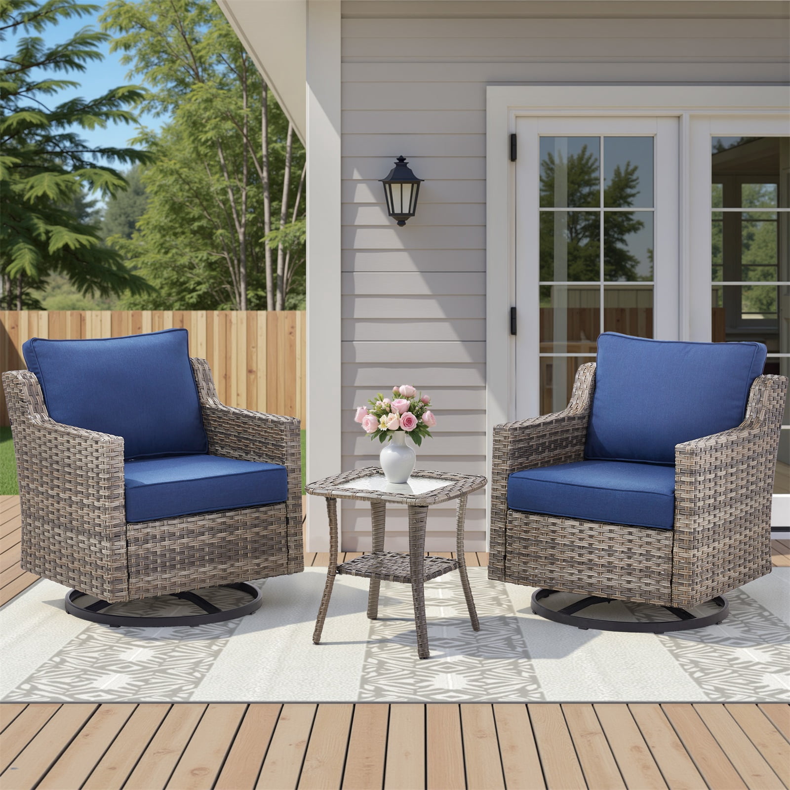 Hommoo 3-Piece Outdoor Patio Swivel Rocker Chairs, Patio Gray Wicker Furniture Swivel Chairs Set with Cushion, for Porch, Poolside, Deck, and Yard, Beige