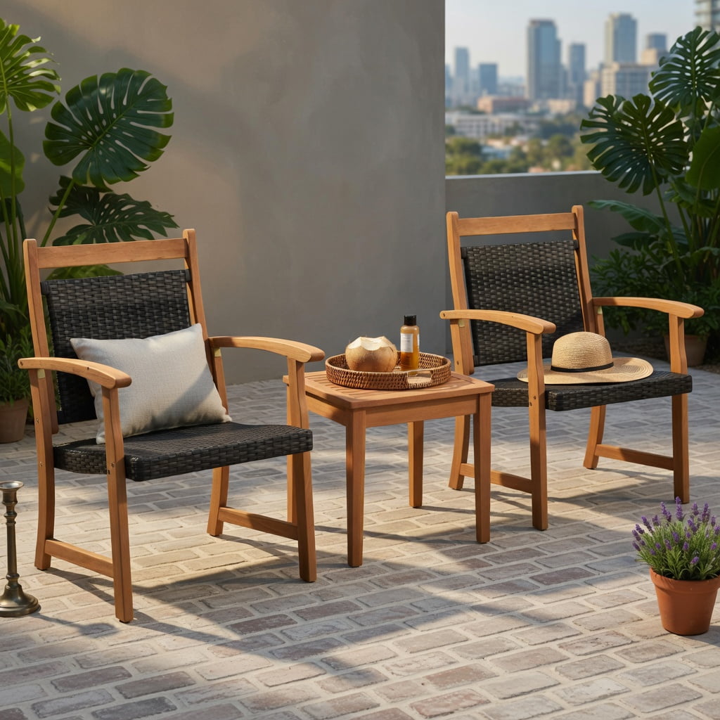 Hommoo 3-Piece Outdoor Rattan Bistro Set, 2 Acacia Wood Armchairs + Square Side Table, Rustic PE Wicker Patio Furniture for Garden, Balcony & Deck, Reddish Brown