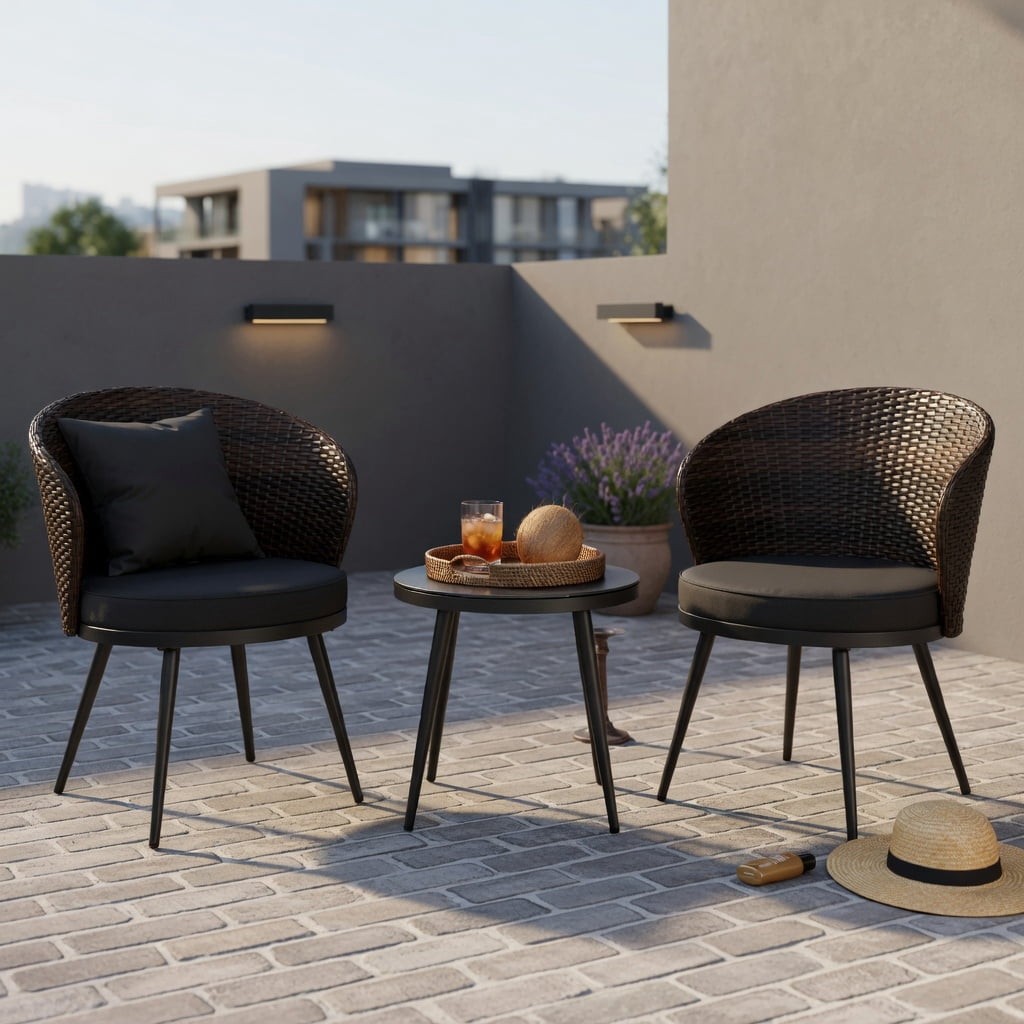 Hommoo 3-Piece Outdoor Rattan Bistro Set, 2 Steel Frame Chairs with Gray Cushions + 18" Tempered Glass Coffee Table, PE Wicker, Weather-Resistant Patio Furniture, Brown