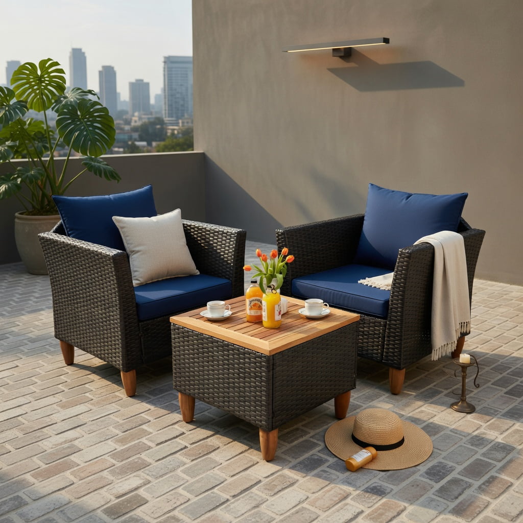 Hommoo 3-Piece Outdoor Rattan Bistro Set, Acacia Wood Table & Steel Frame Patio Furniture for Backyard, Poolside & Garden, Navy