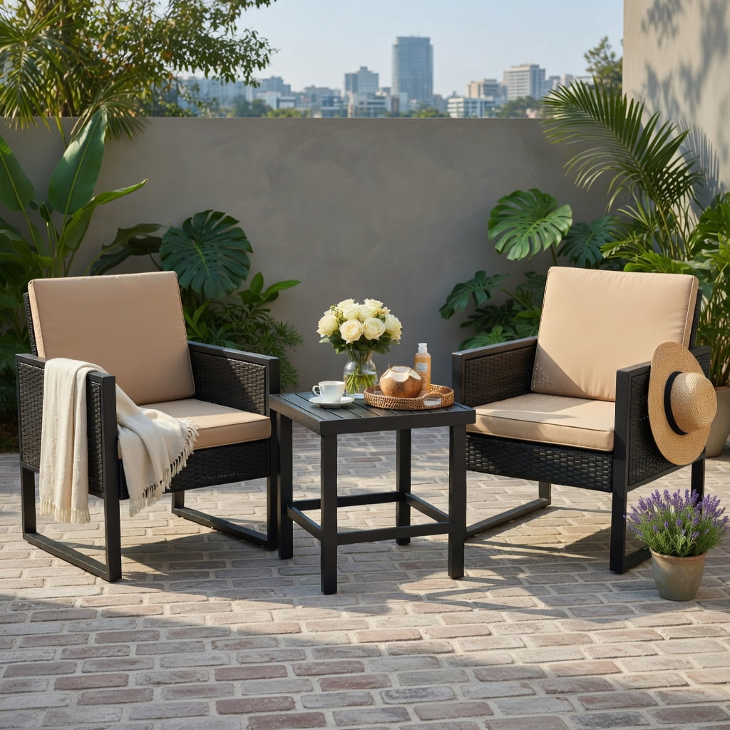 Hommoo 3-Piece Outdoor Rattan Bistro Set with Cushioned Sofas & Coffee Table, Steel Frame, Weather-Resistant Wicker, Adjustable Feet for Patio, Backyard, Porch & Poolside, Brown and Black