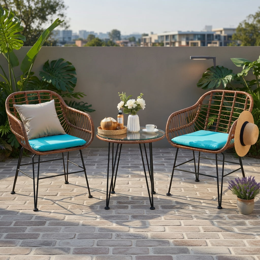 Hommoo 3-Piece Outdoor Rattan Bistro Set with Cushions, Brown Wicker, Tempered Glass Table & Removable Cushions for Patio, Balcony, Poolside, Turquoise