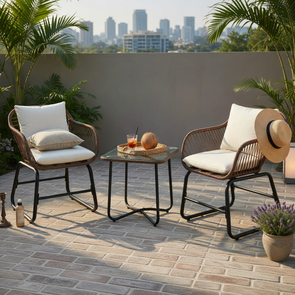 Hommoo 3-Piece Outdoor Rattan Bistro Set with Cushions, Weather-Resistant PE Wicker Armchairs + Tempered Glass Table for Patio, Balcony, Poolside, White