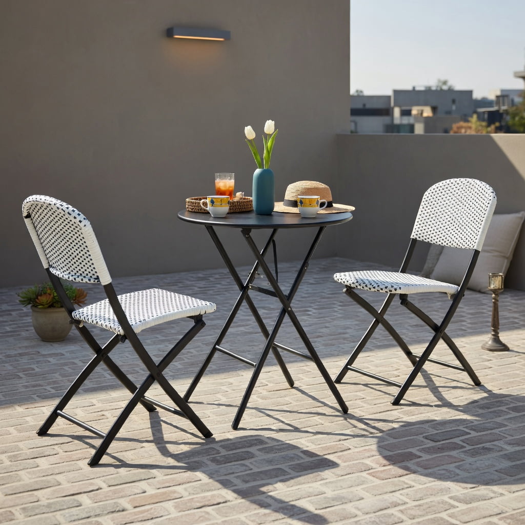 Hommoo 3-Piece Outdoor Rattan Bistro Set, Foldable Round Patio Table & 2 Ergonomic Chairs, PE Wicker on Steel Frame, for Deck, Balcony & Poolside, White and Black
