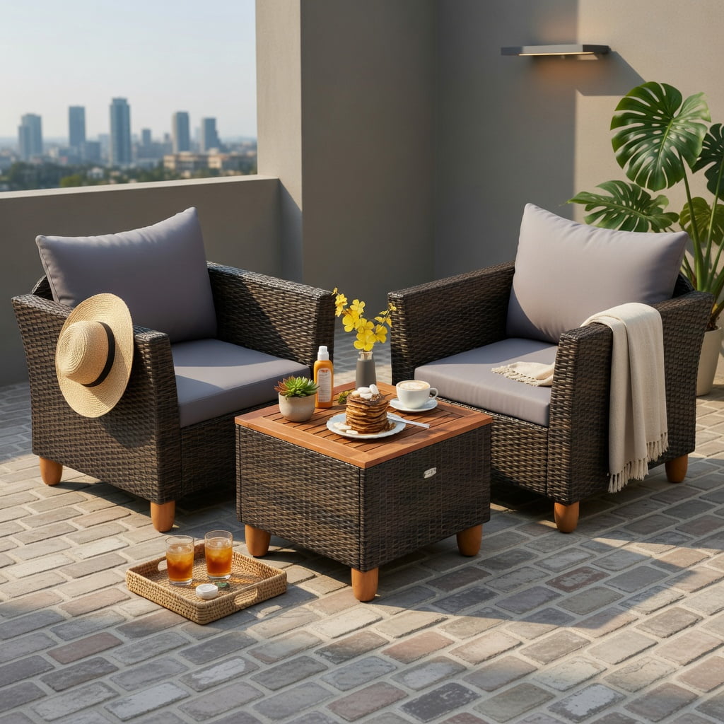 Hommoo 3-Piece Outdoor Rattan Bistro Set with Acacia Wood Table, Patio Chairs & Coffee Table for Balcony, Porch, Garden, Gray