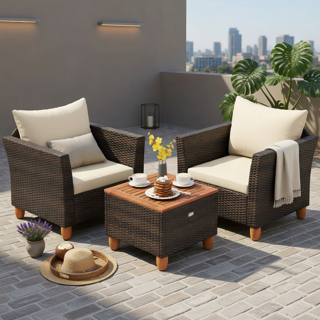 Hommoo 3-Piece Outdoor Rattan Bistro Set with Acacia Wood Table, Steel Frame, Weather-Resistant PE Wicker for Patio, Backyard & Poolside, Brown