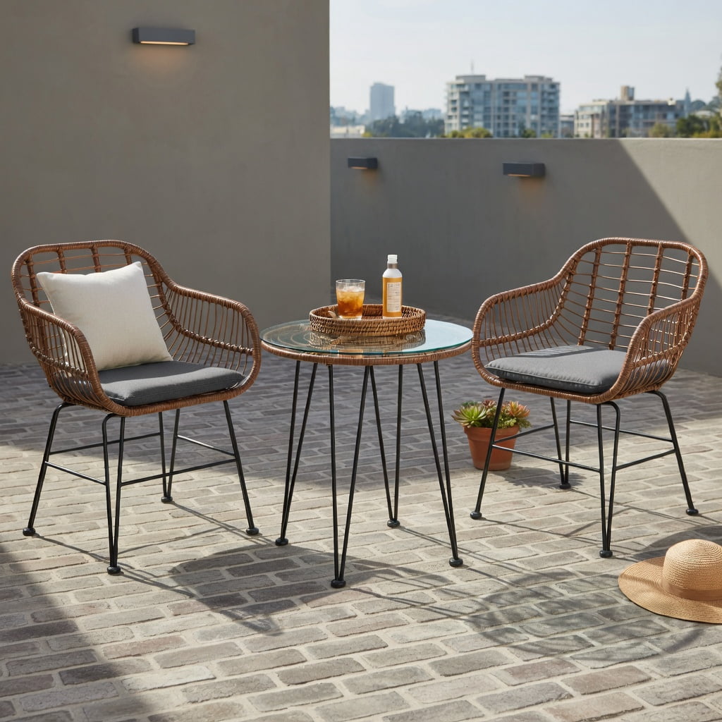 Hommoo 3-Piece Outdoor Rattan Bistro Set with Removable Cushions, Steel Frame, Tempered Glass Table, Gray