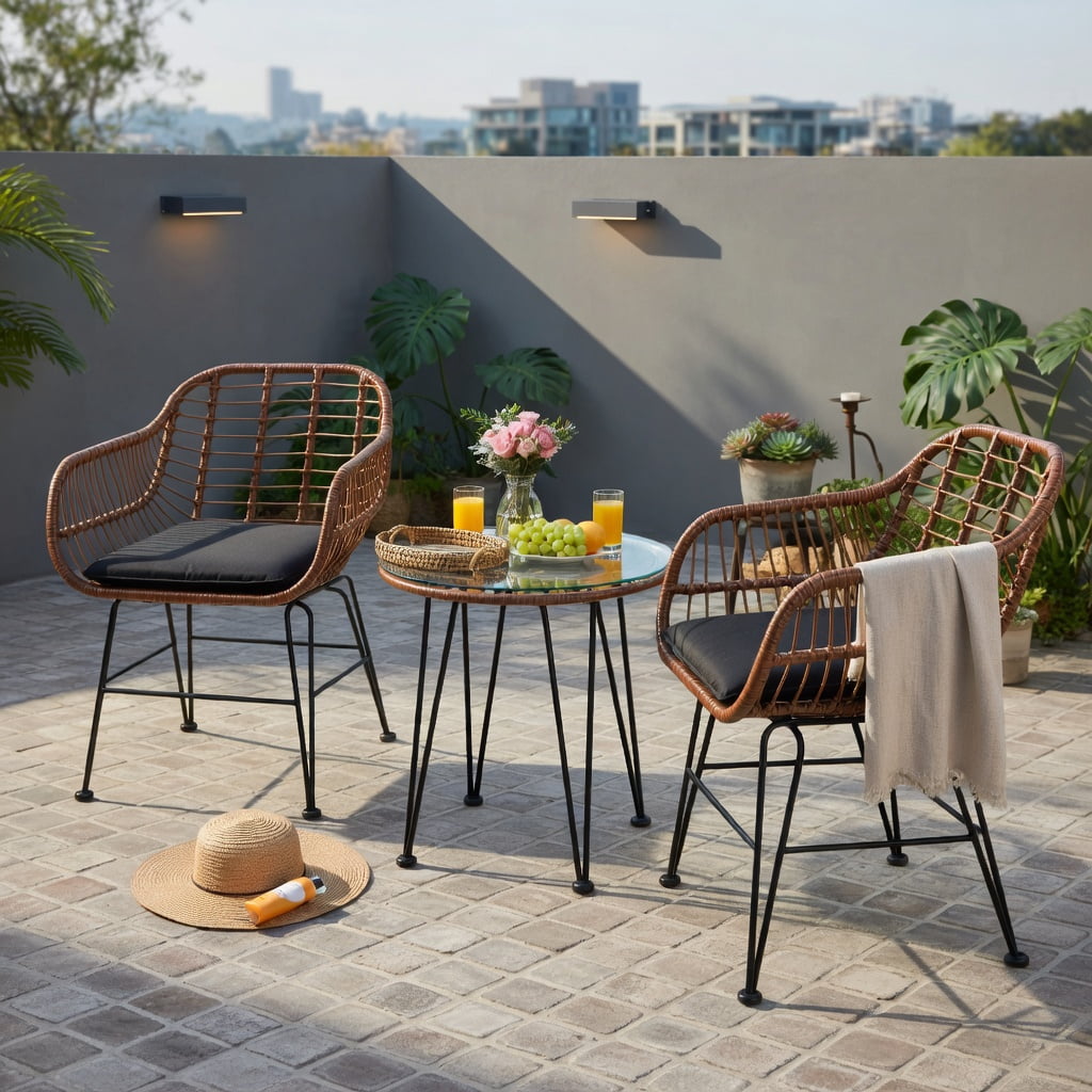 Hommoo 3-Piece Outdoor Rattan Bistro Set with Removable Cushions, Steel Frame, Tempered Glass Table, Patio & Balcony Seating, Black