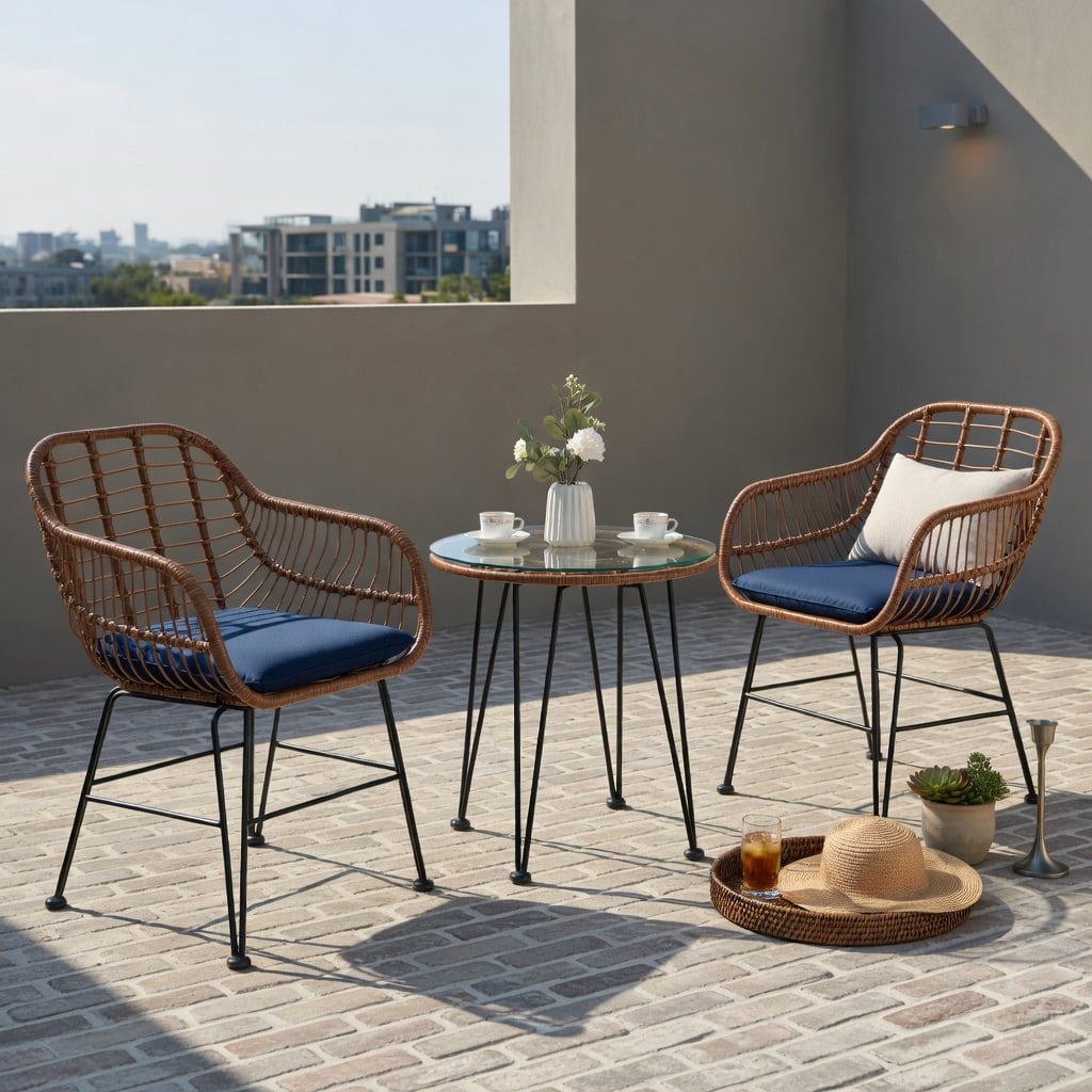 Hommoo 3-Piece Outdoor Rattan Bistro Set with Removable Cushions, Steel Frame, Tempered Glass Table, for Patio, Balcony, Poolside, Navy