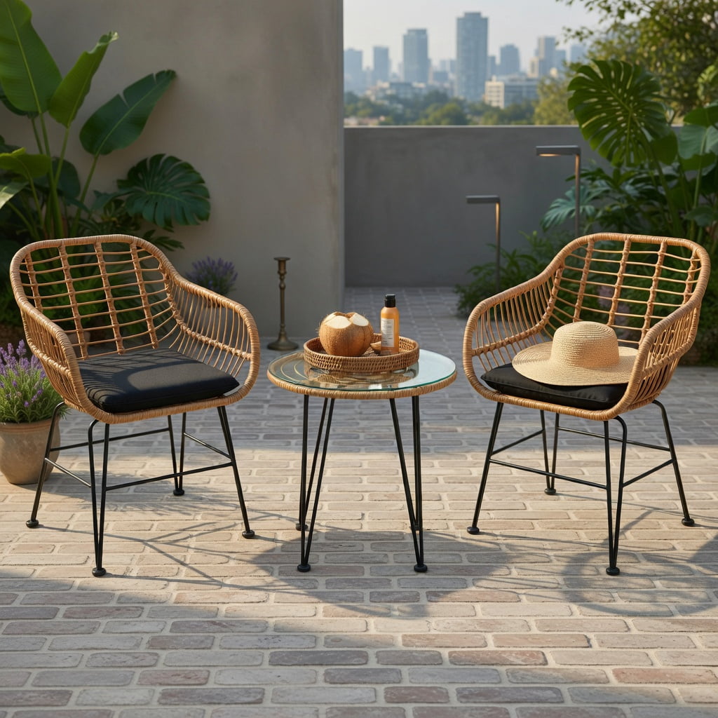 Hommoo 3-Piece Outdoor Rattan Furniture Set, 2 Armchairs + Coffee Table with Removable Cushions, Tempered Glass Top, Weather-Resistant Wicker & Steel Frame, Black