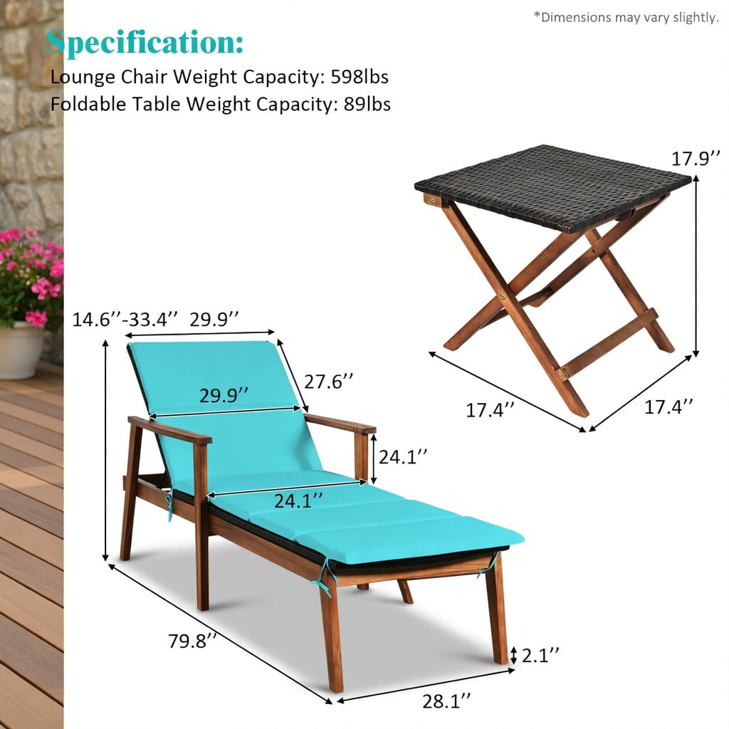 Hommoo 3-Piece Outdoor Rattan Lounge Chair Set with Adjustable Reclining Seats & Foldable Side Table for Patio, Deck, Pool or Backyard, Turquoise