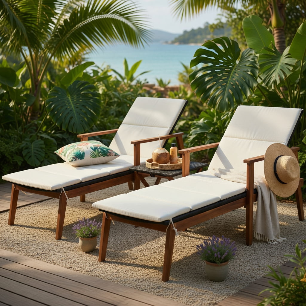 Hommoo 3-Piece Outdoor Rattan Lounge Chair Set with Foldable Side Table, Adjustable Reclining Patio Seating for Deck, Pool & Backyard, White