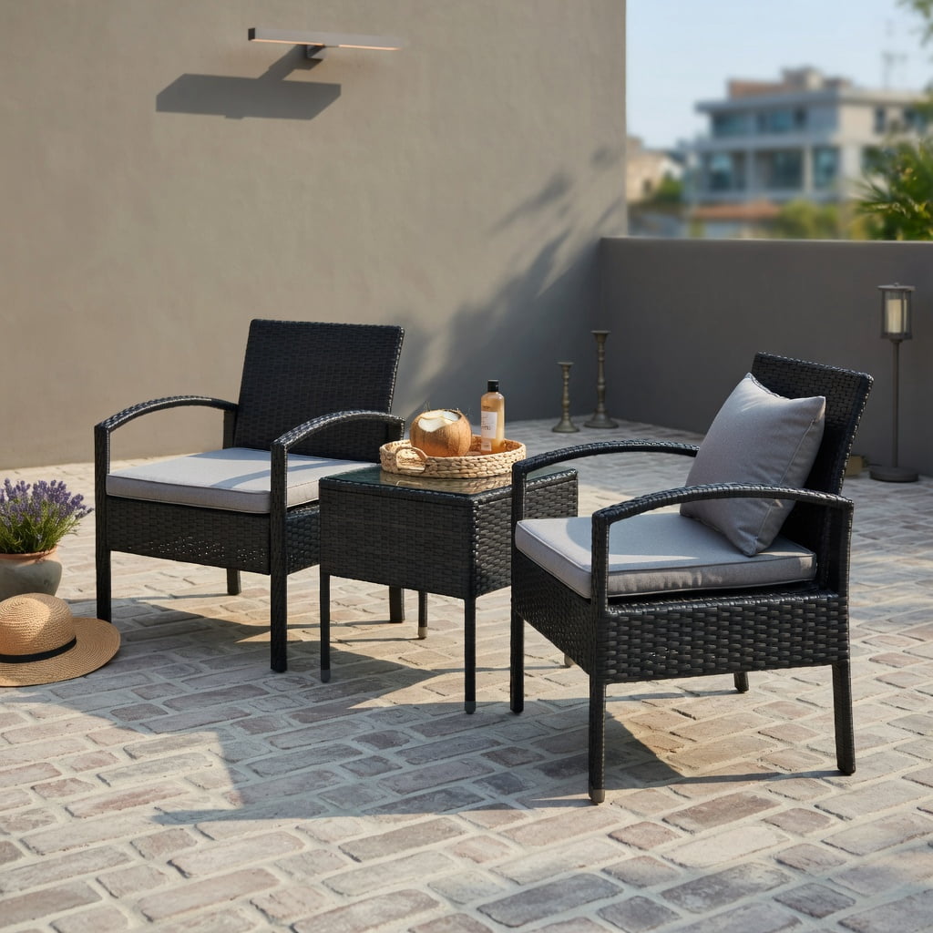 Hommoo 3-Piece Outdoor Rattan Patio Conversation Set, PE Wicker Chairs & Tempered Glass Coffee Table for Backyard, Balcony, Poolside, Gray