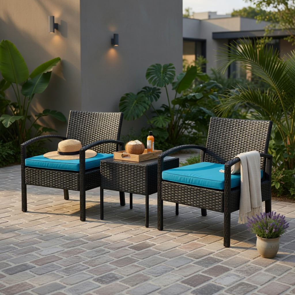 Hommoo 3-Piece Outdoor Rattan Patio Conversation Set, Wicker Chairs & Cushions with Tempered Glass Coffee Table, Turquoise