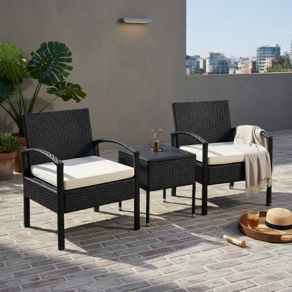 Hommoo 3-Piece Outdoor Rattan Patio Conversation Set, Wicker Chairs & Cushions with Tempered Glass Coffee Table, White