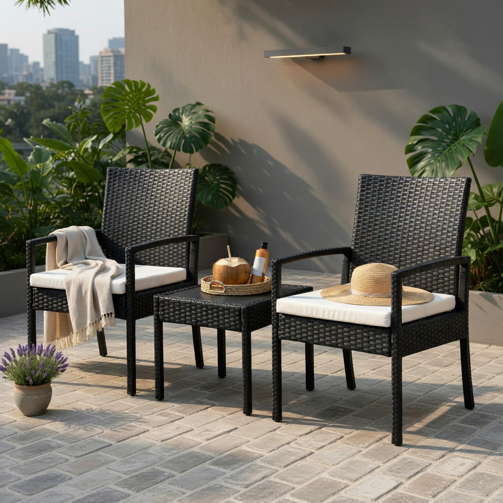 Hommoo 3-Piece Outdoor Rattan Patio Furniture Set, 2 Armchairs + Coffee Table with Cushions, Steel Frame, Weather-Resistant Wicker for Small Backyard, Garden & Balcony, Black