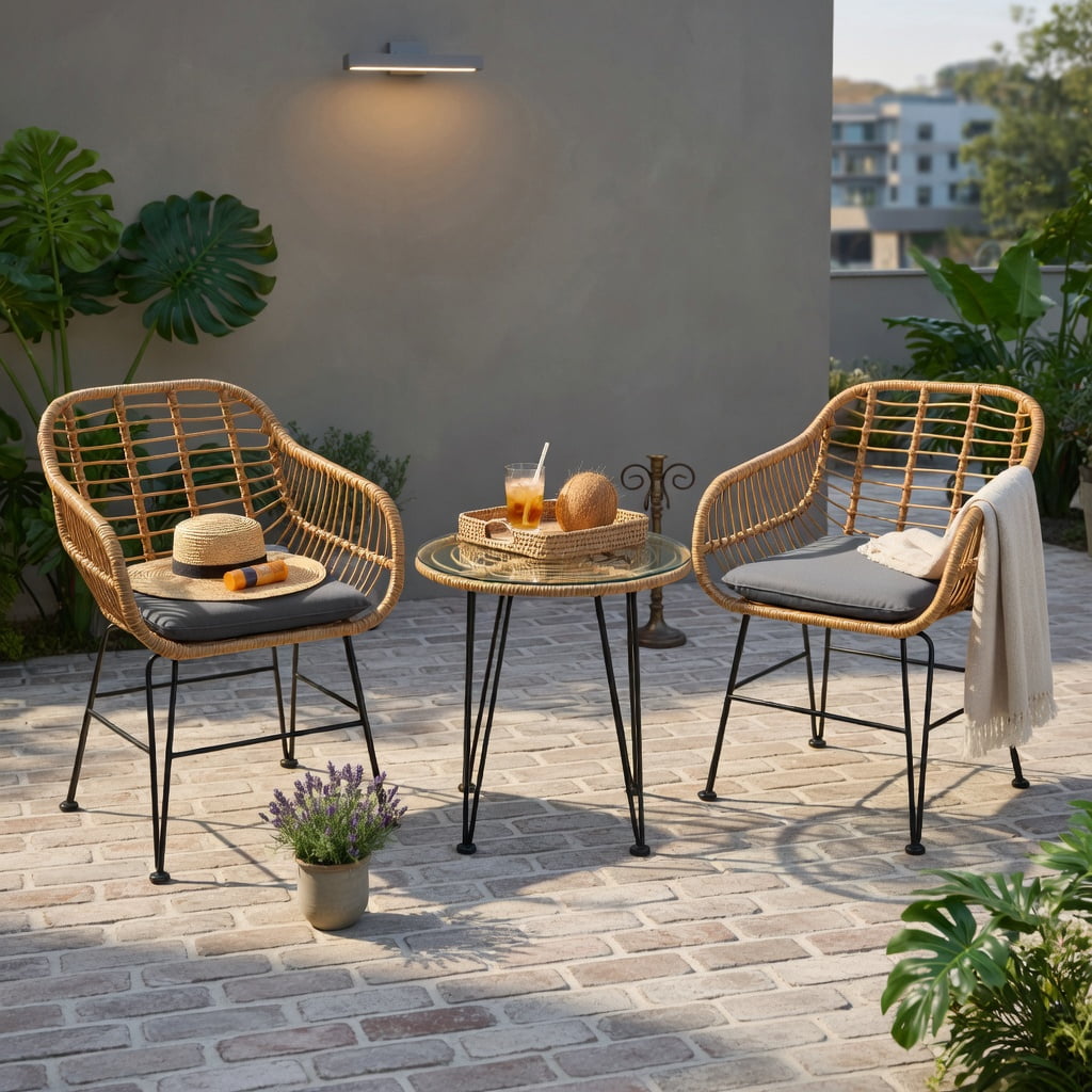 Hommoo 3-Piece Outdoor Rattan Patio Furniture Set, 2 Armchairs + Coffee Table with Removable Cushions, Tempered Glass Top, Weather-Resistant Wicker & Steel Frame, Gray