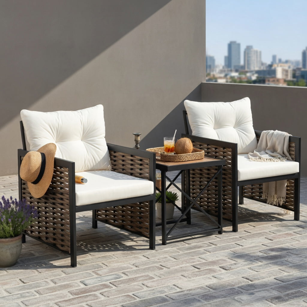 Hommoo 3-Piece Outdoor Rattan Patio Furniture Set, 2 Armchairs + Coffee Table with Acacia Wood Top, Brown PE Rattan & Black Metal Frame, White