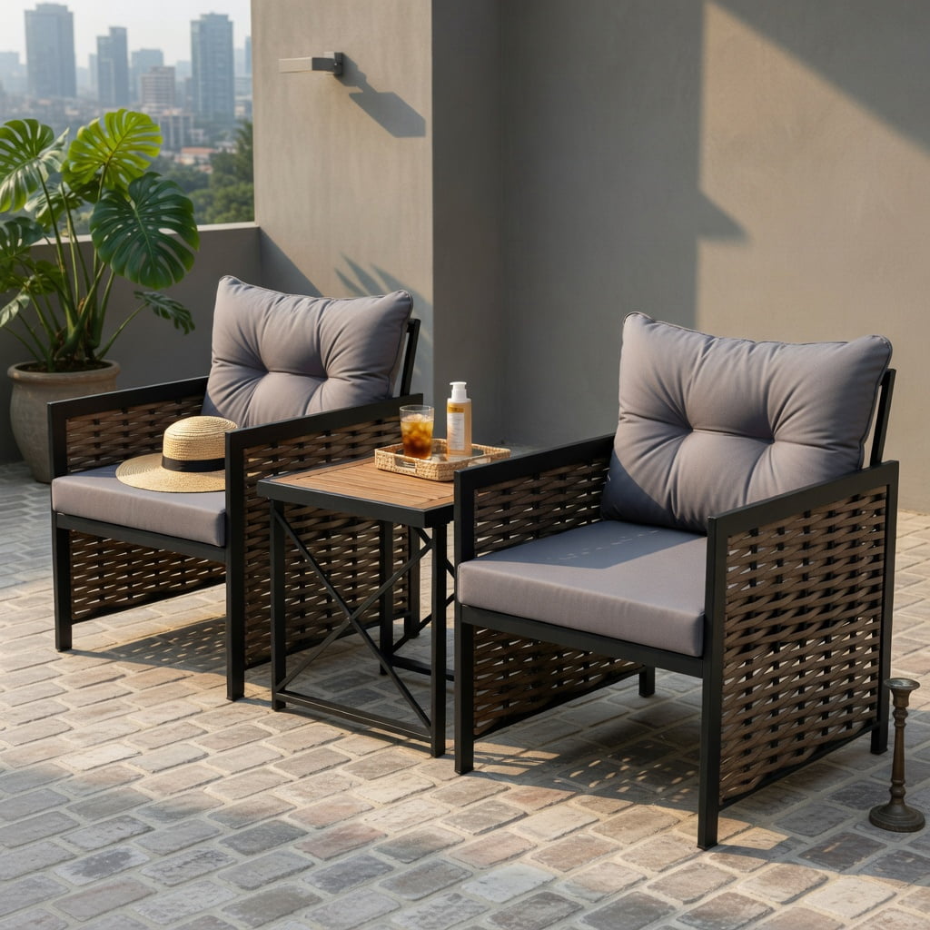 Hommoo 3-Piece Outdoor Rattan Patio Furniture Set – 2 Armchairs + Coffee Table with Acacia Wood Top, Rust-Resistant Black Metal Frame, Gray