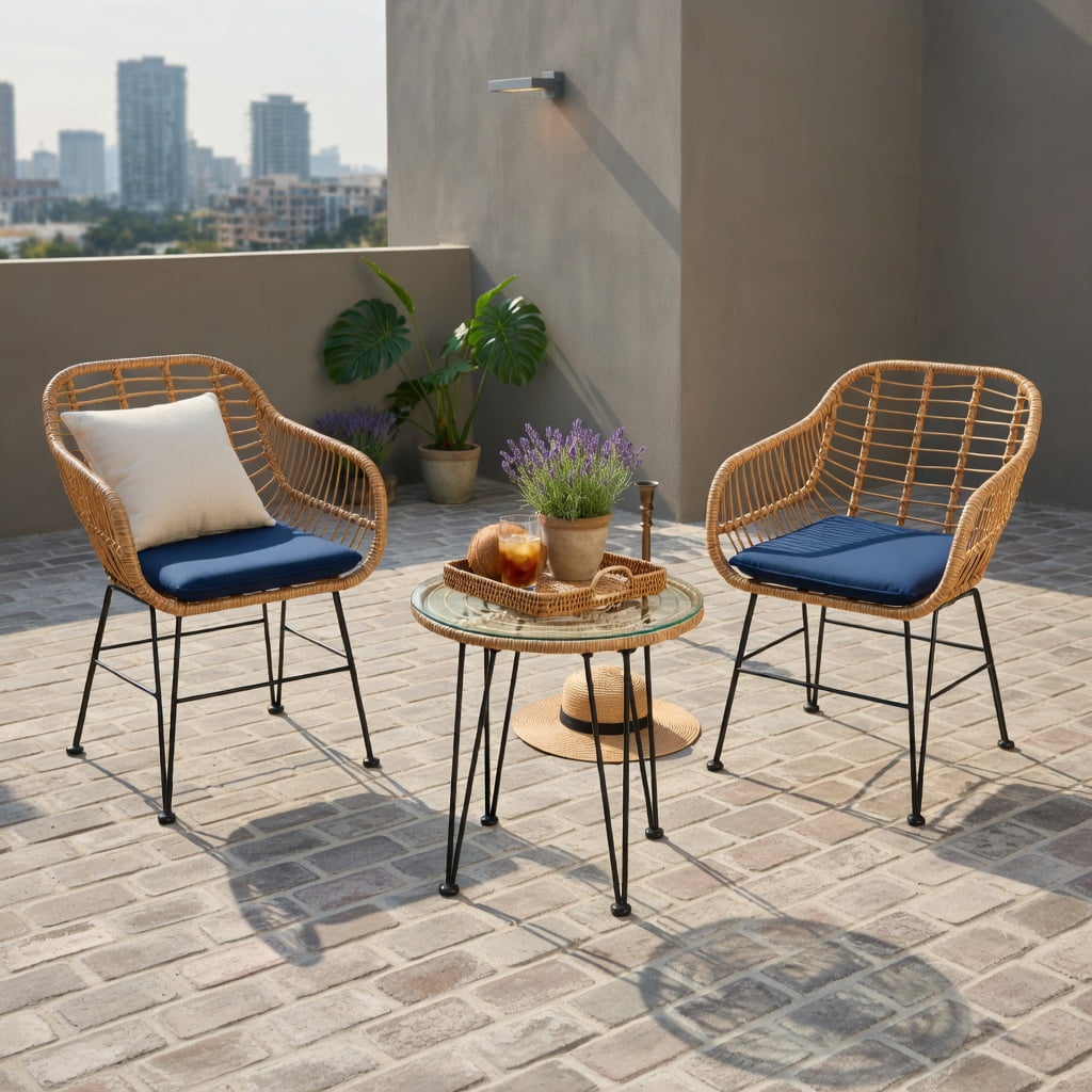 Hommoo 3-Piece Outdoor Rattan Patio Furniture Set, 2 Cushioned Chairs + Tempered Glass Coffee Table, Navy