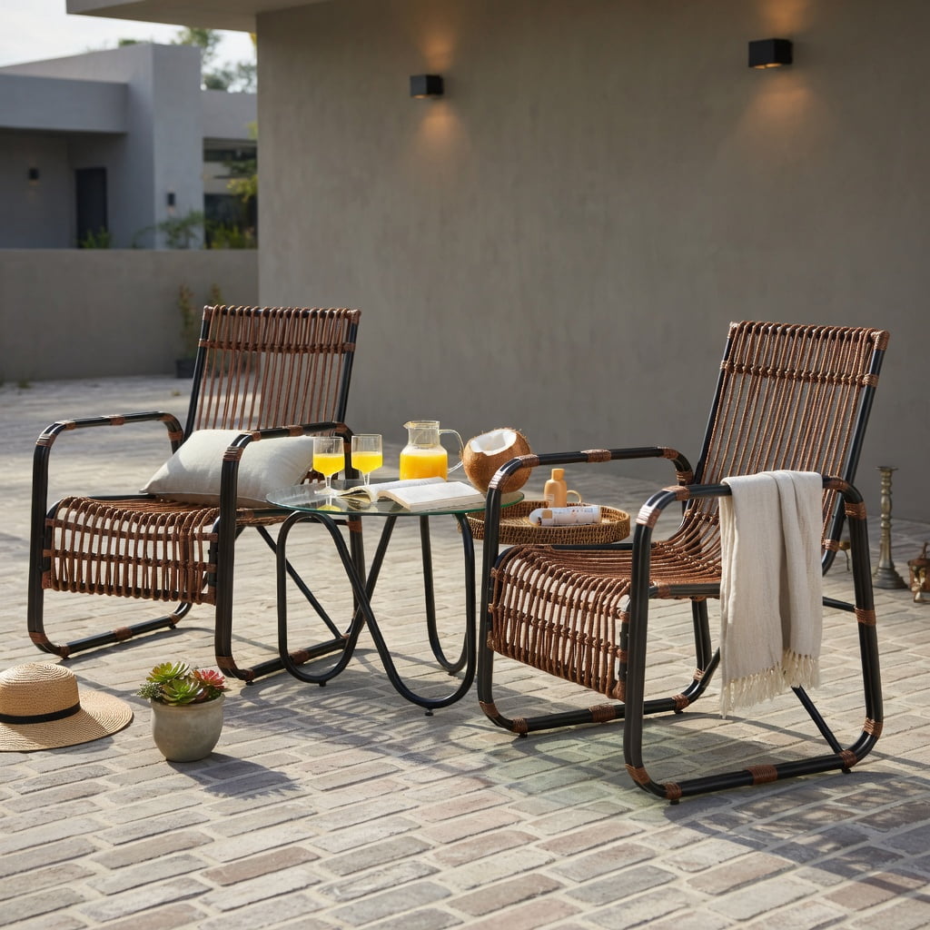 Hommoo 3-Piece Outdoor Rattan Patio Furniture Set, 2 Ergonomic Wicker Chairs + Tempered Glass Side Table for Balcony, Garden & Poolside， Brown & Black