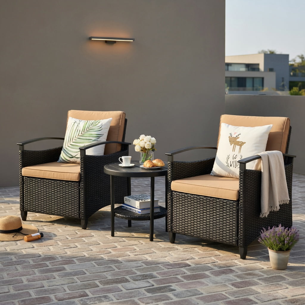 Hommoo 3-Piece Outdoor Rattan Patio Furniture Set, 2 Seater Sofas with Cushions + Storage Coffee Table with Shelf, Weather-Resistant Wicker Garden & Backyard Set, Brown and Black