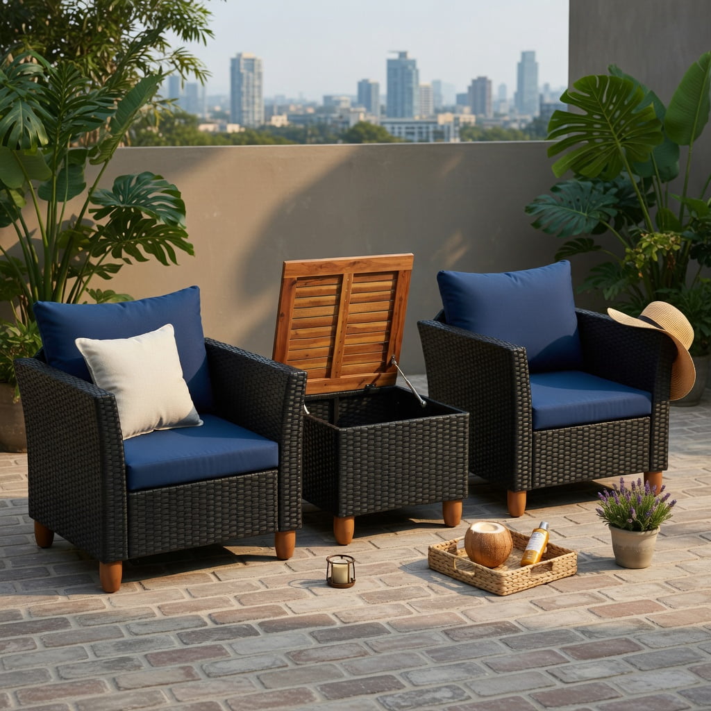 Hommoo 3-Piece Outdoor Rattan Patio Furniture Set, Acacia Wood Coffee Table & 2 Single Sofas with Removable Cushions, Navy
