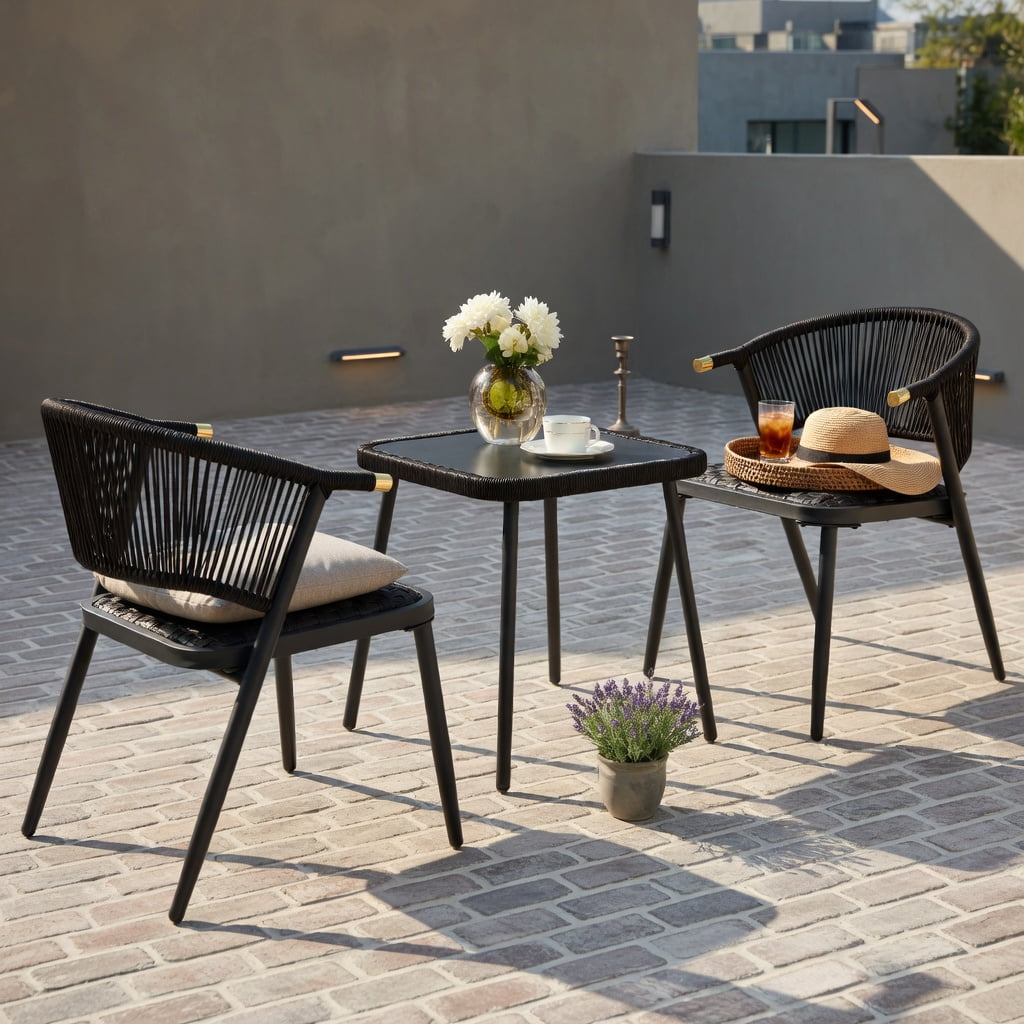 Hommoo 3-Piece Outdoor Rattan Patio Furniture Set, PE Wicker Chairs with Metal Frame & Tempered Glass Coffee Table for Backyard, Poolside, Balcony, Brown