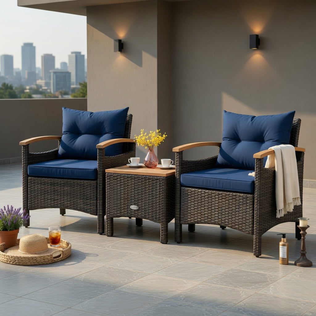 Hommoo 3-Piece Outdoor Rattan Patio Furniture Set, Steel Frame + Acacia Wood Coffee Table, Weather-Resistant PE Wicker Sofas, Navy