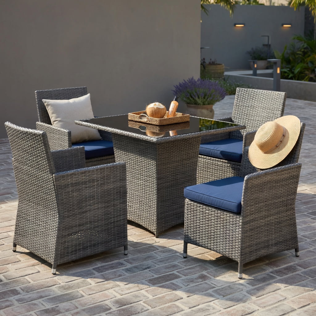 Hommoo 3-Piece Outdoor Rattan Patio Furniture Set, Steel Frame Sofa Chairs with Tempered Glass Table and Removable Cushions for Porch, Balcony, Garden, Navy