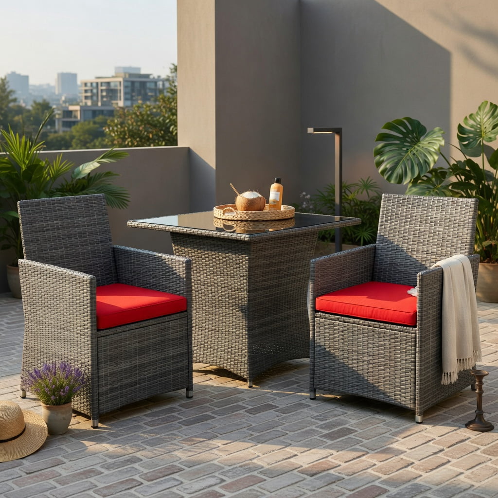Hommoo 3-Piece Outdoor Rattan Patio Furniture Set, Steel Frame Sofa & Table with Washable Cushions, Red