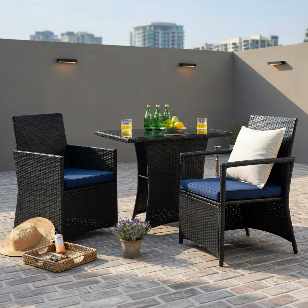 Hommoo 3-Piece Outdoor Rattan Patio Furniture Set, Steel Frame, Tempered Glass Table, Ergonomic Armchairs with Removable Cushions, Navy