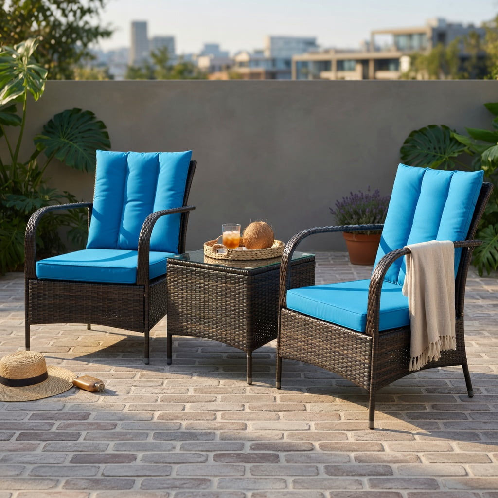 Hommoo 3-Piece Outdoor Rattan Patio Furniture Set with Tempered Glass Coffee Table & Cushions, Weather-Resistant Wicker Seating for Backyard, Garden, or Patio, Turquoise