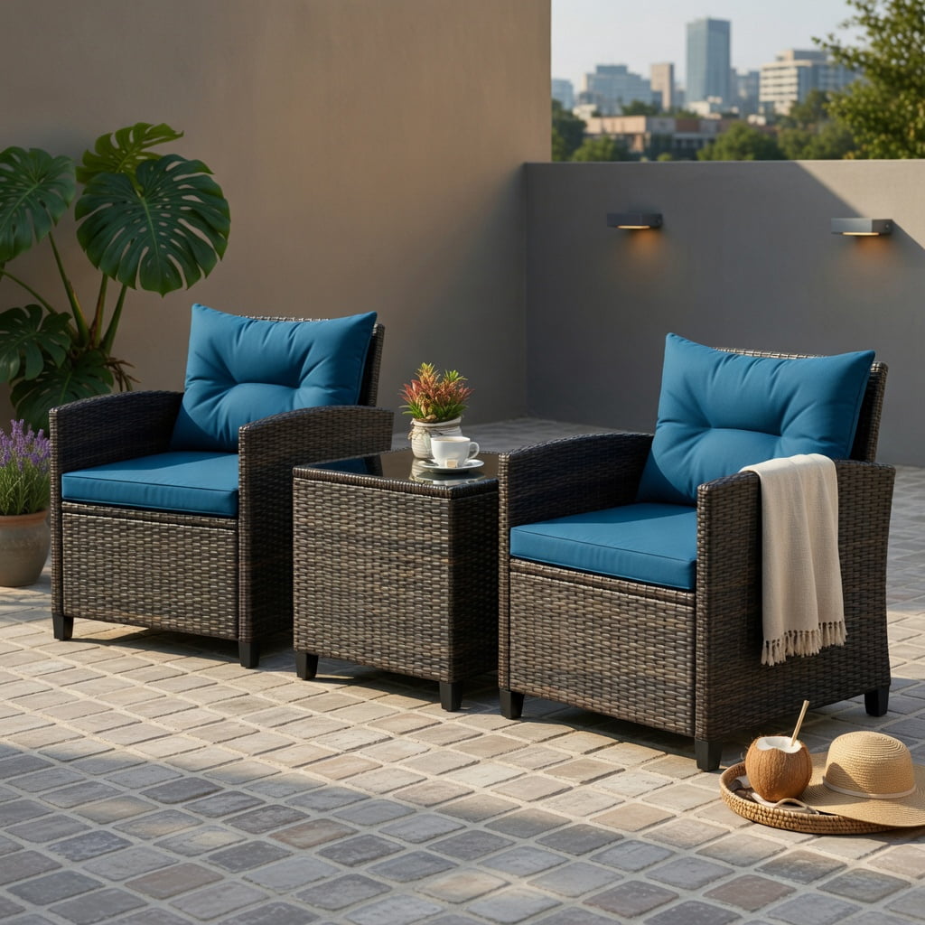 Hommoo 3-Piece Outdoor Rattan Patio Furniture Set with Washable Cushions, Steel Frame, All-Weather Wicker Chairs & Glass-Topped Coffee Table for Patio, Garden, Poolside, Peacock Blue
