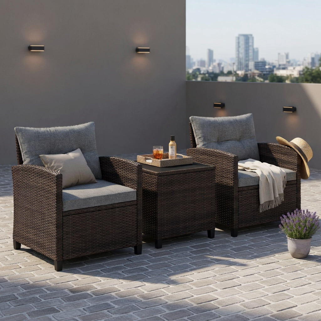 Hommoo 3-Piece Outdoor Rattan Patio Furniture Set, Woven Steel Frame with Washable Cushions for Patio, Poolside & Garden, Gray