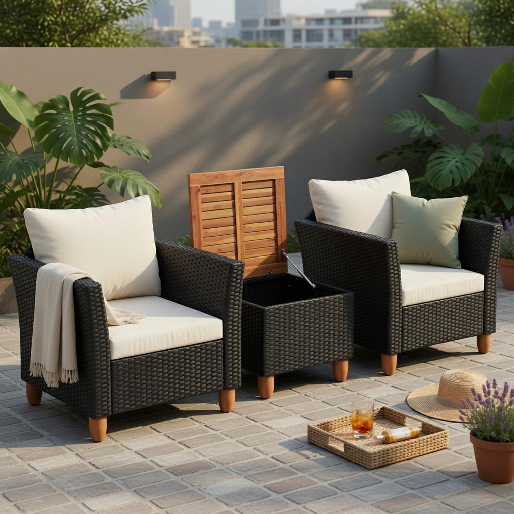 Hommoo 3-Piece Outdoor Rattan Patio Furniture Set with Acacia Wood Coffee Table, White