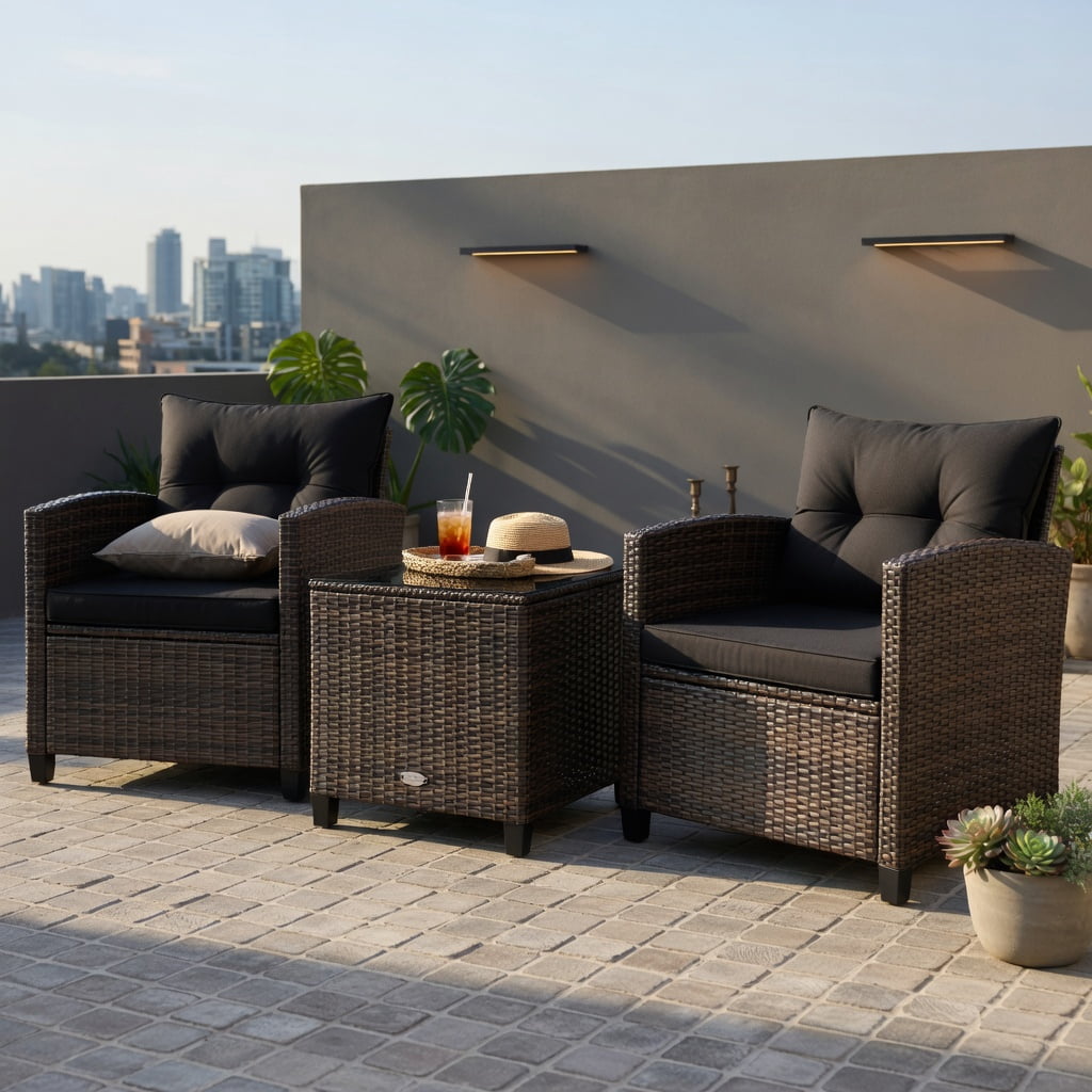 Hommoo 3-Piece Outdoor Rattan Patio Furniture Set with Cushioned Chairs & Tempered Glass Coffee Table, Black