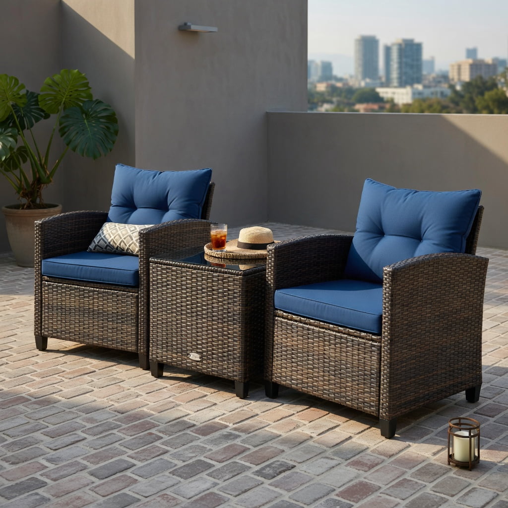 Hommoo 3-Piece Outdoor Rattan Patio Furniture Set with Cushioned Chairs & Tempered Glass Coffee Table, Navy