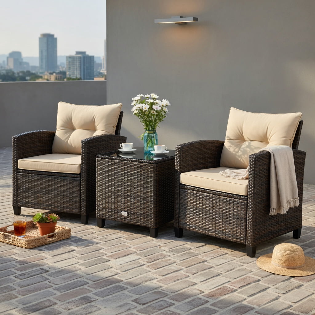 Hommoo 3-Piece Outdoor Rattan Patio Furniture Set with Cushions & Tempered Glass Coffee Table, Beige